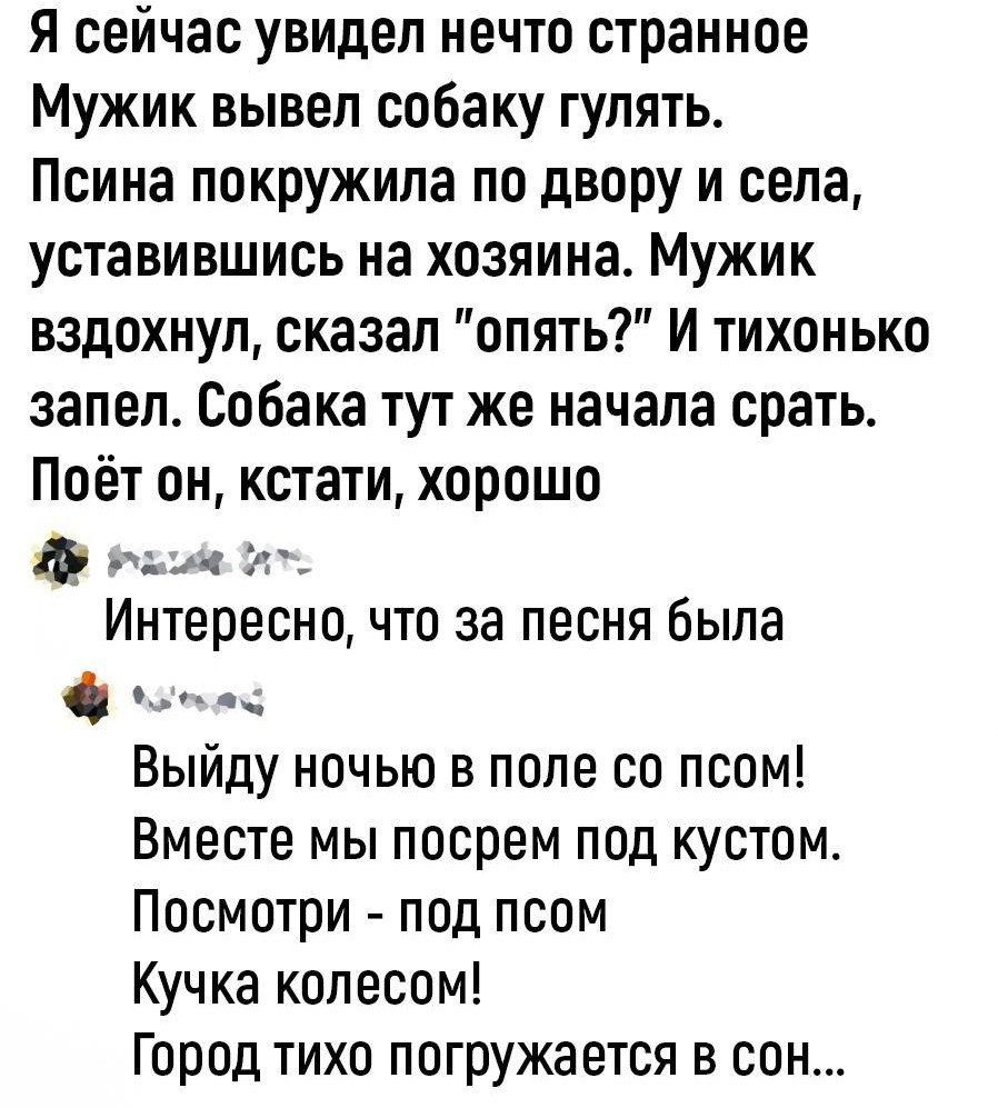 Я сейчас увидел нечто странное Мужик вывел собаку гулять Псина покружила по двору и села уставившись на хозяина Мужик вздохнул сказал опять И тихонько запел Собака тут же начала срать Поёт он кстати хорошо __д 142 Интересно что за песня была Выйду ночью в поле со псом Вместе мы посрем под кустом Посмотри под псом Кучка колесом Город тихо погружается в сон