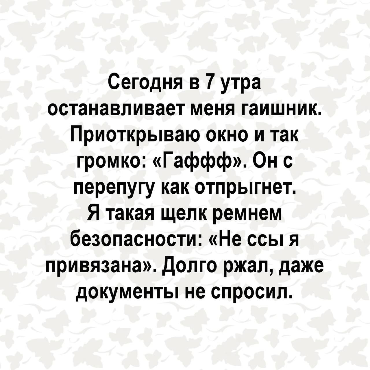 Сегодня в 7 утра останавливает меня гаишник Приоткрываю окно и так громко Гаффф Он с перепугу как отпрыгнет Я такая щелк ремнем безопасности Не осы я привязана долго ржал даже документы не спросил