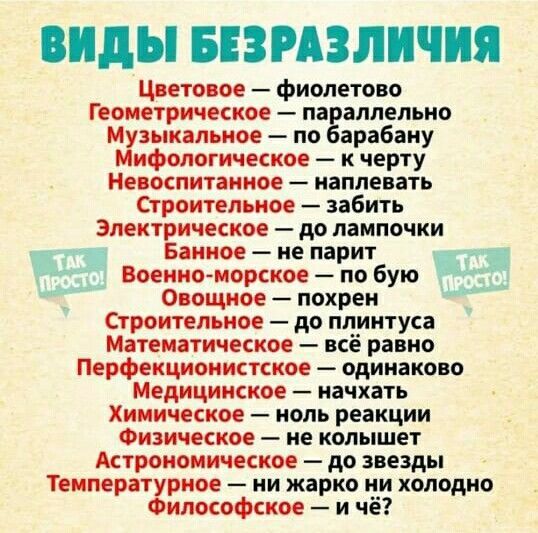 виды БЕЗРАЗЛПЧПЯ Цвета ае Фиолетоио Геоиетричккое па аллельио М зыкапьиое по арабаиу ифмвгичккае к черту Не кпитаииое наплевать Строительное забить эмктричккое до лампочки Банное ие парт Военно морское по бую Оаощиое похреи Строитепьим до плинтуса Математическое всё равно Перфекциоиистсим одинаково Медицижкое начхать Химически ноль реакции Физически ие колышет Мтроиоиическое до звезды тп мрачное и