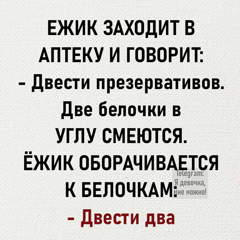 ЕЖИК ЗАХОДИТ В АПТЕКУ И ГОВОРИТ Двести презервативов две бепочки в УГЛУ СМЕЮТСЯ ЁЖИК ОБОРАЧИВАЕТСЯ К БЕЛОЧКАМ двести два