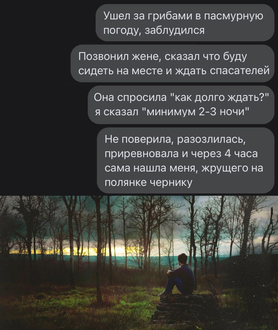 Ушел за грибами в пасмурную погоду заблудился Позвонил жене сказал что буду сидеть на месте и ждать спасателей Она спросила как долго ждать я сказал минимум 2 3 ночи Не поверила разозлилась приревноаапа и через 4 часа сама нашла меня жрущего на полянке чернику ЁГХ ьціі