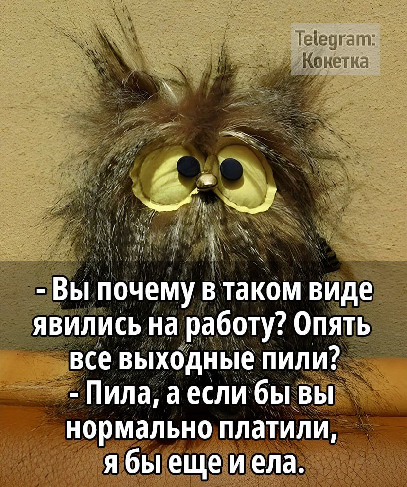 Вы почему в таком виде явились на работу Опять все выхбдные пили Пипа а если бы вы нормально платили я бы еще и ела