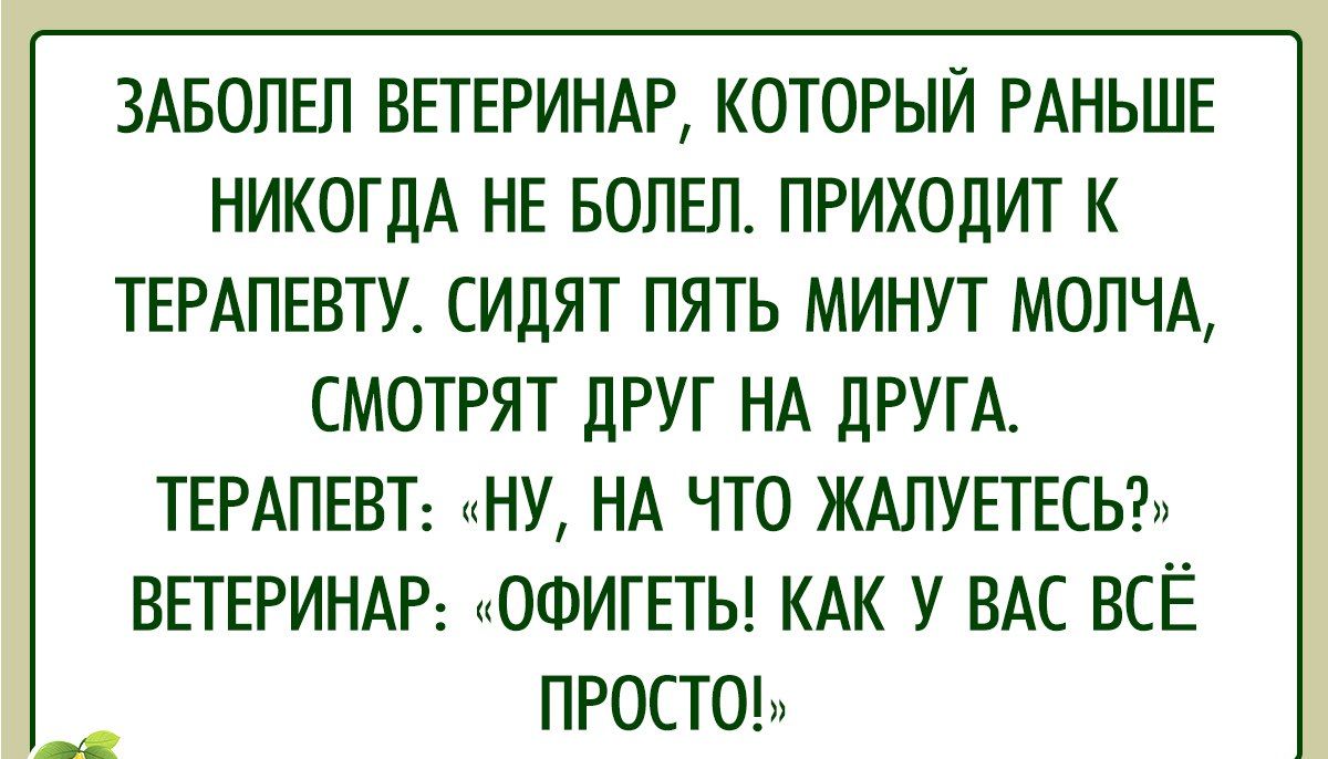 ЗАБОПЕЛ ВЕТЕРИНАР КОТОРЫЙ РАНЬШЕ НИКОГДА НЕ БОПЕП ПРИХОДИТ К ТЕРАПЕВТУ СИЛЯТ ПЯТЬ МИНУТ МОПЧА СМОТРЯТ дРУГ НА ДРУГА ТЕРАПЕВТ НУ НА ЧТО ЖАПУЕТЕСЬ ВЕТЕРИНАР мОФИГЕТЫ КАК У ВАС ВСЁ ПРОСТО