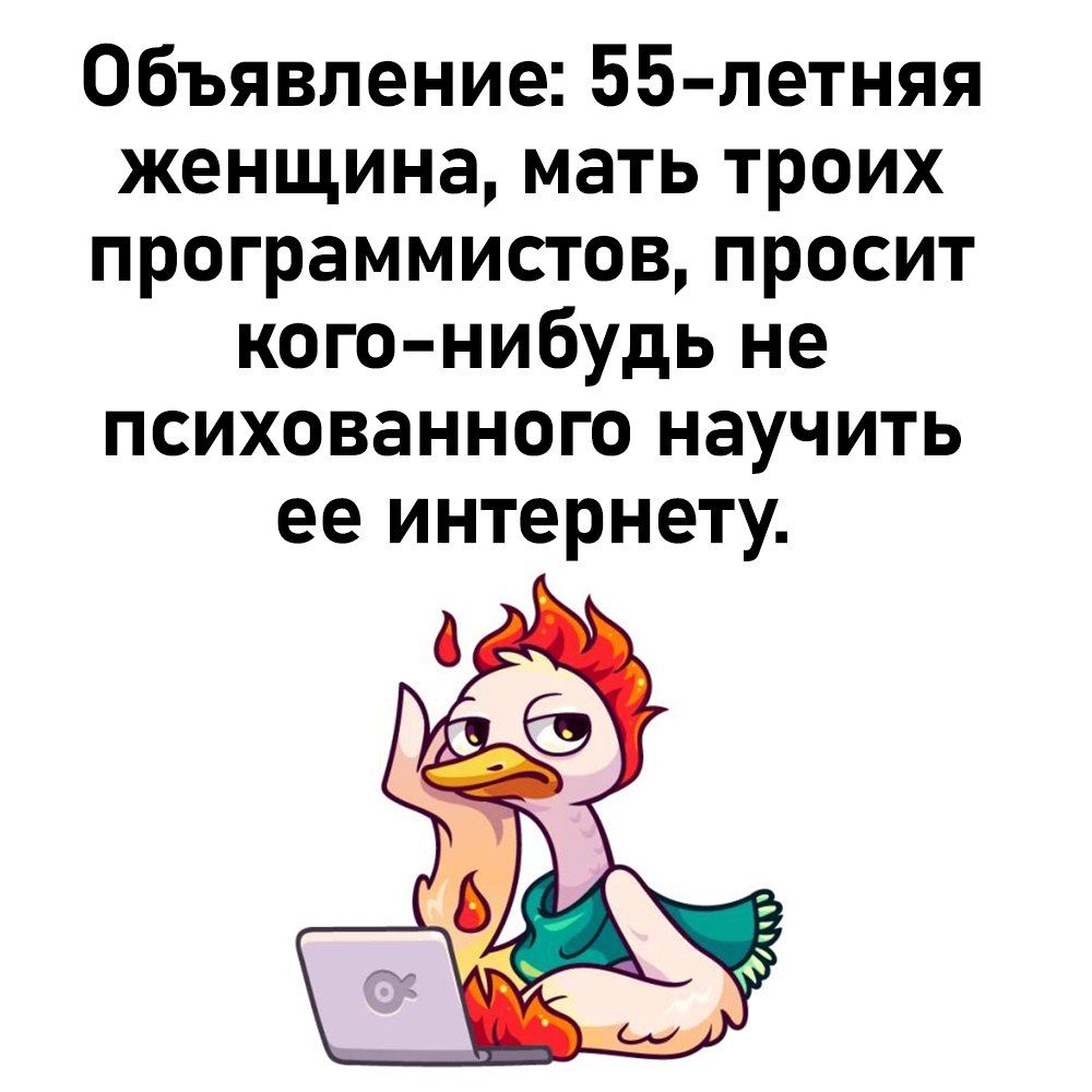 Объявление 55 летняя женщина мать троих программистов просит кого нибудь не психованного научить ее интернету