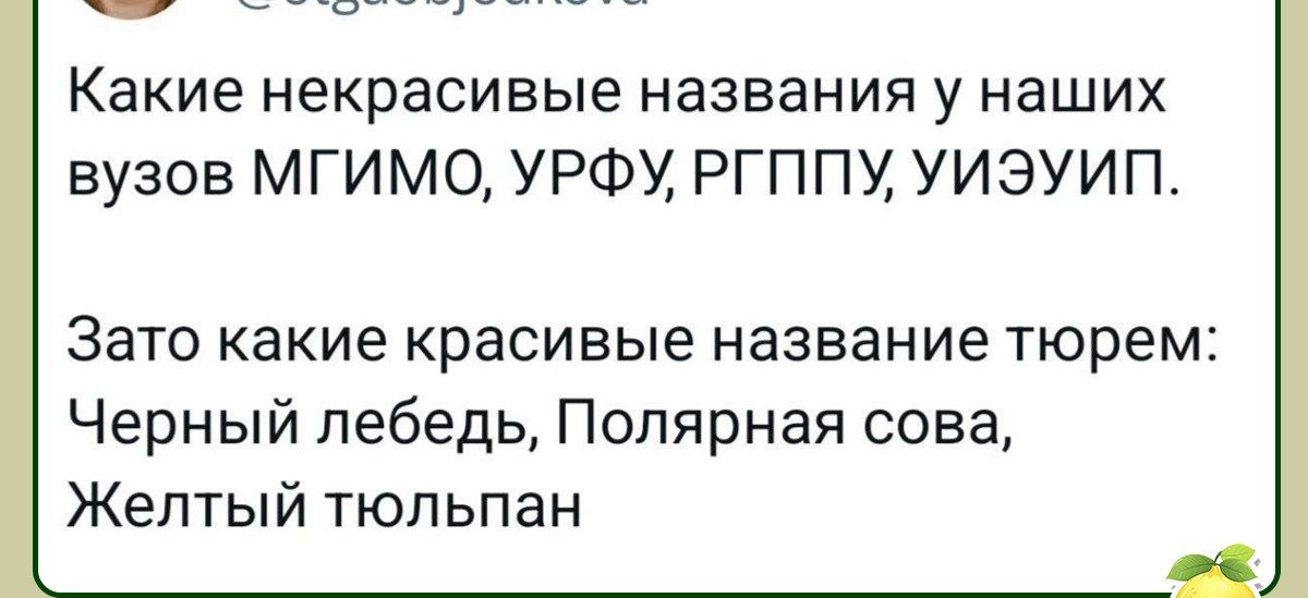 Какие некрасивые названия у наших вузов МГИМО УРФУ РГППУ УИЗУИП Зато какие красивые название тюрем Черный лебедь Полярная сова Желтый тюльпан