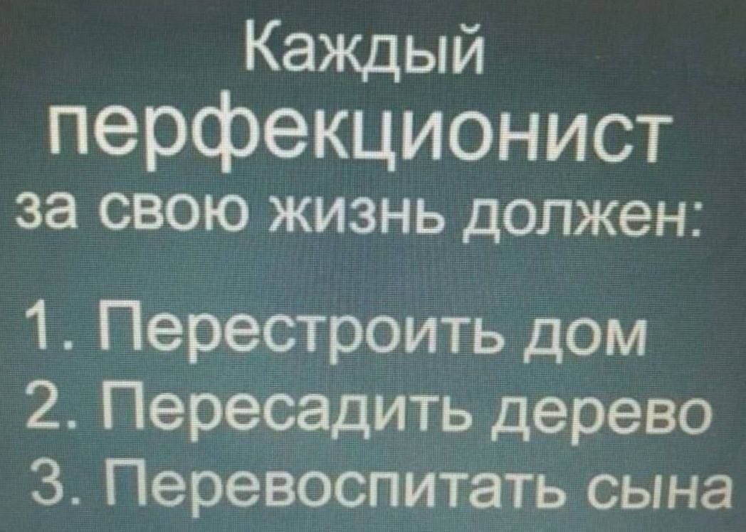 Каждый перфекционист за свою жизнь должен 1 Перестроить дом 2 Пересадить дерево З Перевоспитать сына