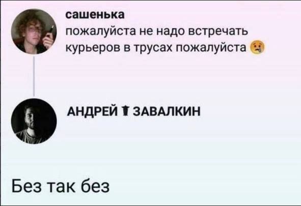 сашенька пожалуйста не надо встречать курьеров в трусах пожалуйста 0 АНДРЕЙ Т ЗАВАЛКИН Без так без