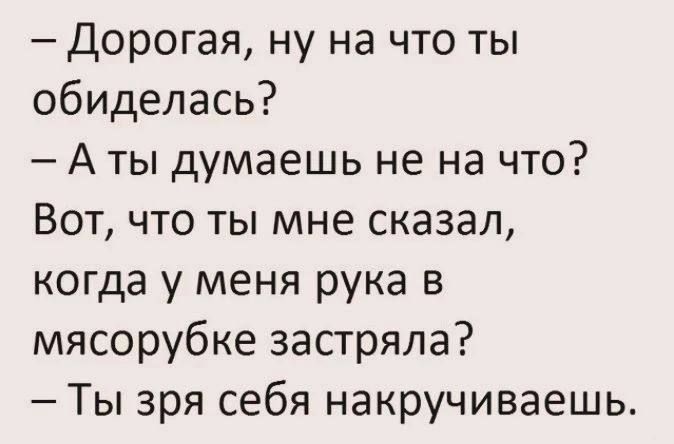 Дорогая ну на что ты обиделась Аты думаешь не на что Вот что ты мне сказал когда у меня рука в мясорубке застряла Ты зря себя накручиваешь