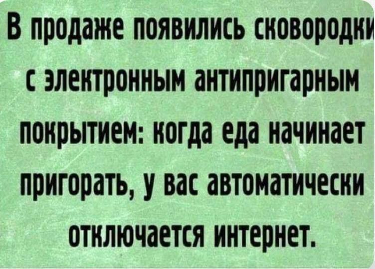 В продаже появились сковородки с электронным антипригарным покрытием когда еда начинает пригорать у вас автоматически отключается интернет