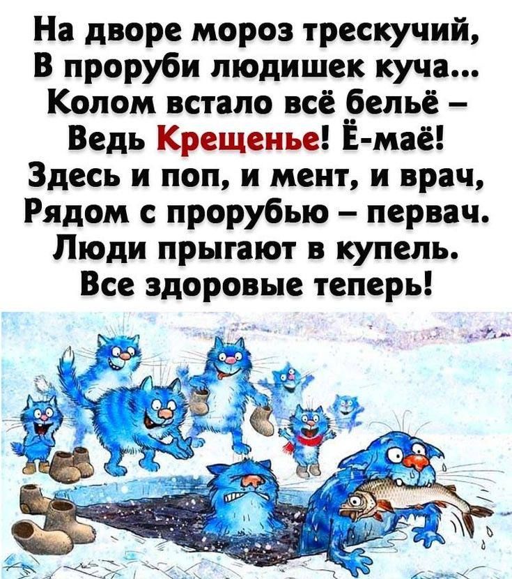 На дворе мороз трескучий В проруби людишек куча Колом встало всё бельё Ведь Крещенье Ё маё Здесь и поп и мент и врач Рядом с прорубью первач Люди прыгают в купель Все здоровые теперь