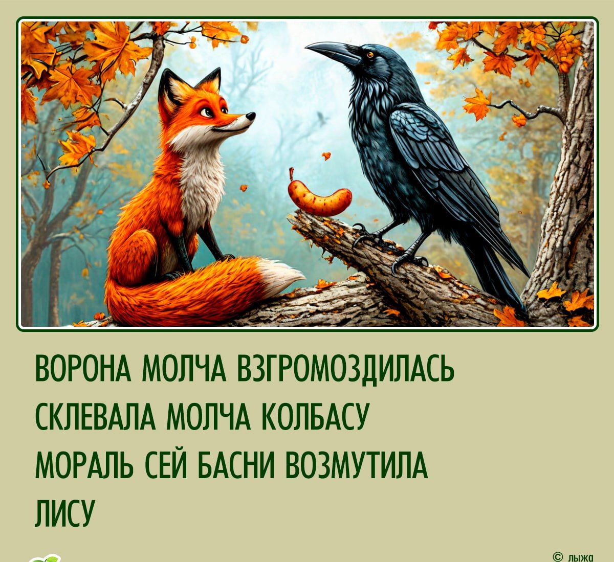 ВОРОНА МОЛЧА ВЗГРОМОЗДИЛАСЬ СКЛЕВАЛА МОЛЧА КОЛБАСУ МОРАЛЬ СЕЙ БАСНИ ВОЗМУТИЛА ЛИСУ Р