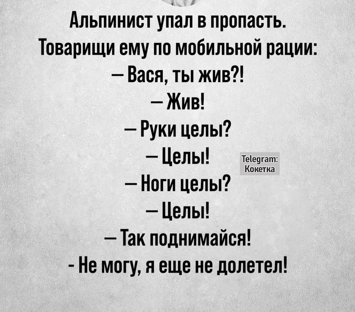 Альпинист упал в пропасть Товарищи ему по мобильной рации Вася ты жив Жив Руки целы Целы че Ноги целы Целы Так поднимайся Не могу я еще не долетел