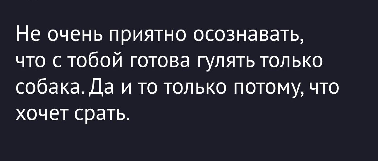 Не очень приятно осознавать что с тобой готова гулять только собака Да и то только потому что хочет срать