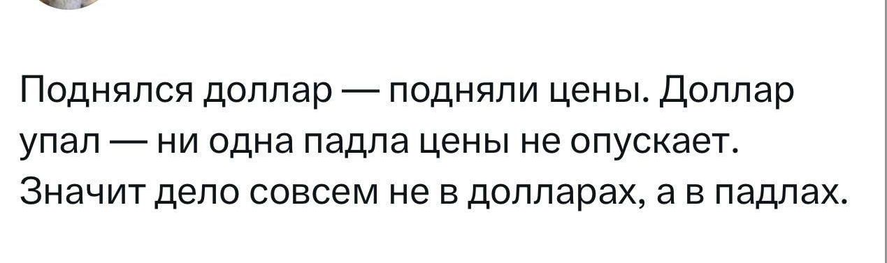 Поднялся доллар подняли цены Доллар упал ни одна падла цены не опускает Значит дело совсем не в долларах а в падлах