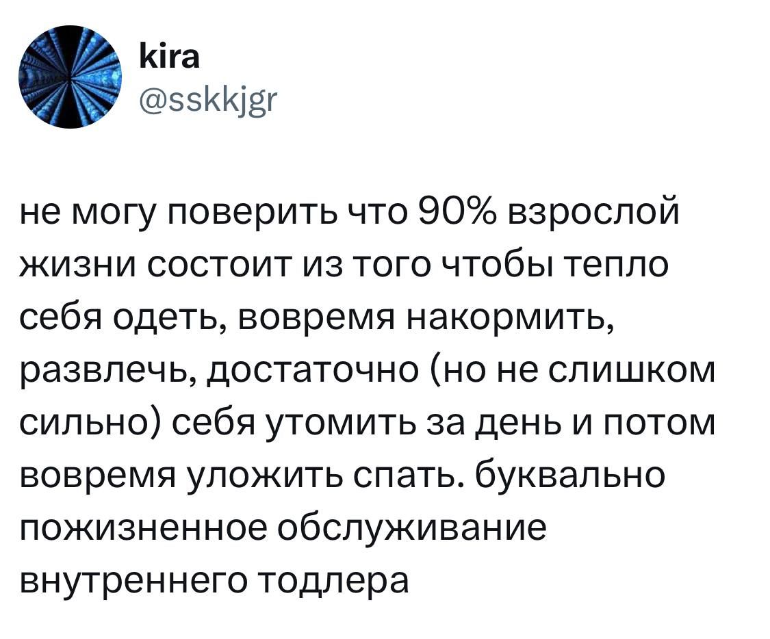 не могу поверить что 90% взрослой жизни состоит из того чтобы тепло себя одеть, вовремя накормить, развлечь, достаточно (но не слишком сильно) себя утомить за день и потом вовремя уложить спать. буквально пожизненное обслуживание внутреннего Toddler