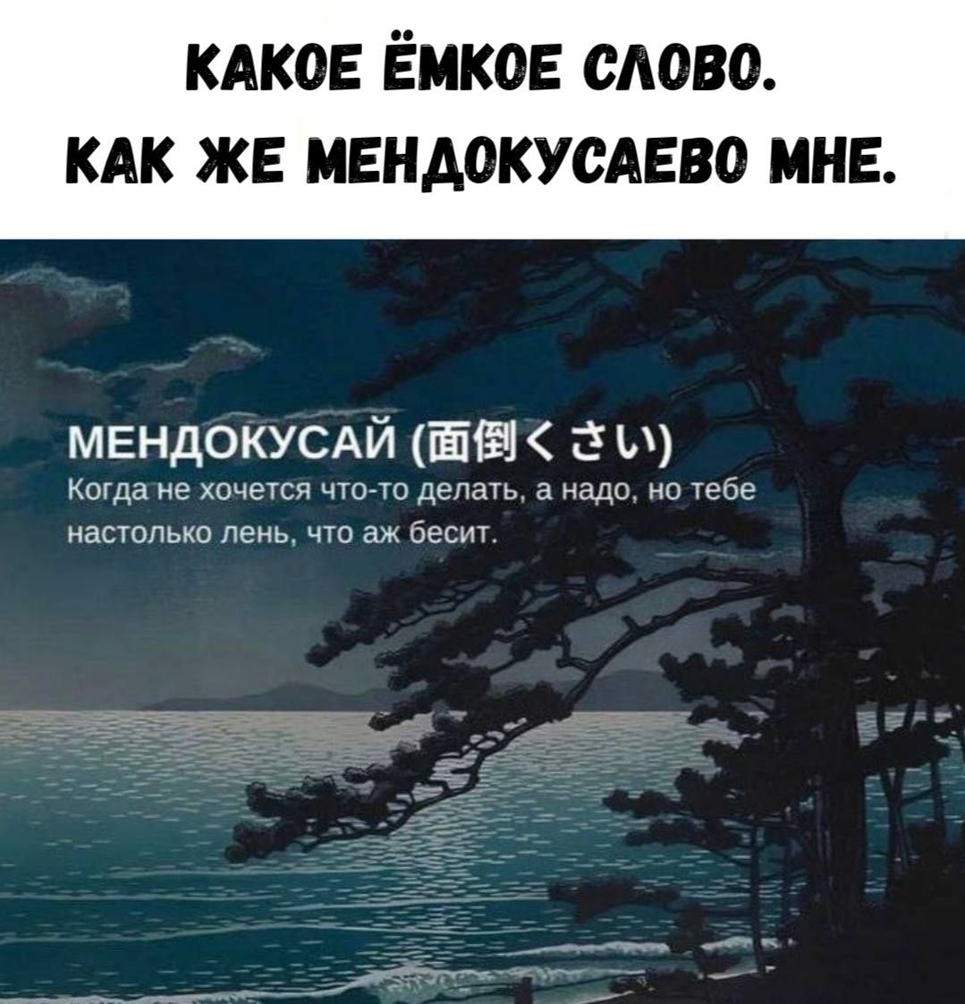 КАКОЕ ЁМКОЕ СЛОВО. КАК ЖЕ МЕНДОКУСАЕВО МНЕ.
МЕНДОКУСАЙ (面倒くさい)
Когда не хочется что-то делать, а надо, но тебе настолько лень, что аж бесит.