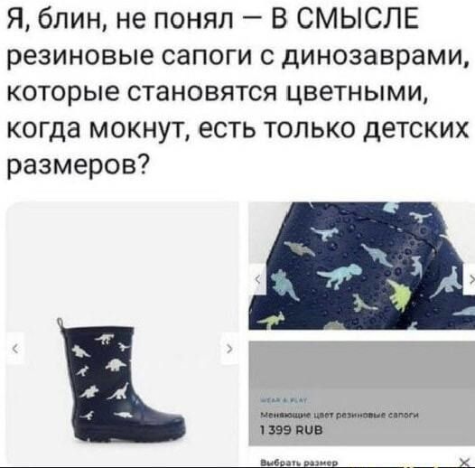 Я, блин, не понял — В СМЫСЛЕ резиноовые сапоги с динозаврами, которые становятся цветными, когда мокнут, есть только детских размеров?