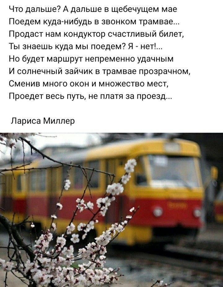 Что дальше? А дальше в щебечущем мае
Поедем куда-нибудь в звонком трамвае...
Продаст нам кондуктор счастливый билет,
ты знаешь куда мы поедем? Я - нет!...
Но будет маршрут непрременно удачным
И солнечный зайчик в трамвае прозрачном,
Сменив много окон и множество мест,
Проедет весь путь, не платя за проезд...

Лариса Миллер