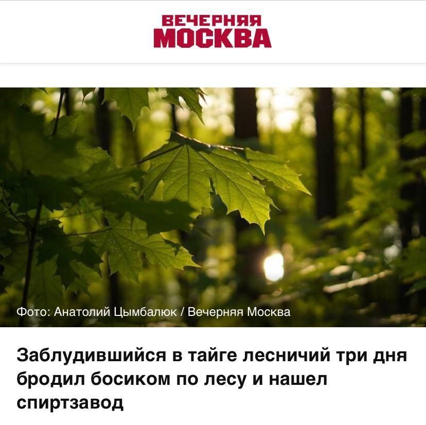 Заблудившийся в тайге лесничий три дня бродил босиком по лесу и нашел спиртзавод