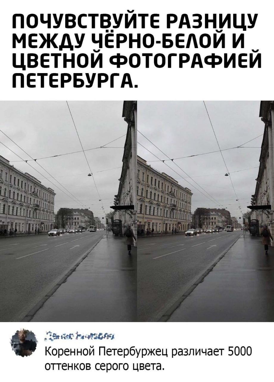 ПОЧУВСТВУЙТЕ РАЗНИЦУ МЕЖДУ ЧЁРНО-БЕЛОЙ И ЦВЕТНОЙ ФОТОГРАФИЕЙ ПЕТЕРБУРГА.
Коренной Петербуржец различает 5000 оттенков серого цвета.