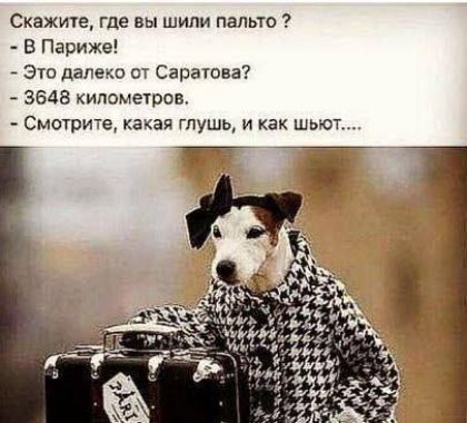 Скажите, где вы шили пальто? - В Париже! - Это далеко от Саратова? - 3648 километров. - Смотрите, какая глушь, и как шьют....