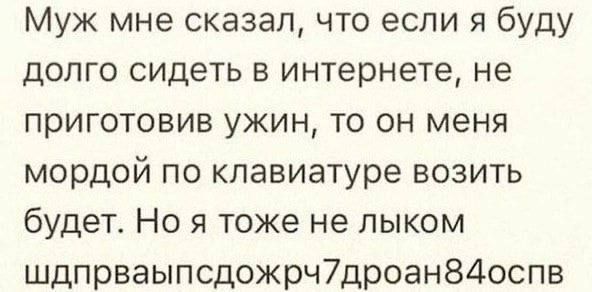 Муж мне сказал, что если я буду долго сидеть в интернете, не приготовив ужин, то он меня мордой по клавиатуре возить будет. Но я тоже не ликом шдправаипсдожрч7дроан84оспв