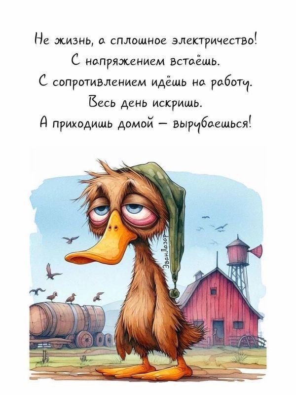 Не жизнь, а сплошное электричество! С напряжением встаёшь. С сопротивлением идёшь на работу. Весь день искриш. А приходишь домой – вырубаетесь!
