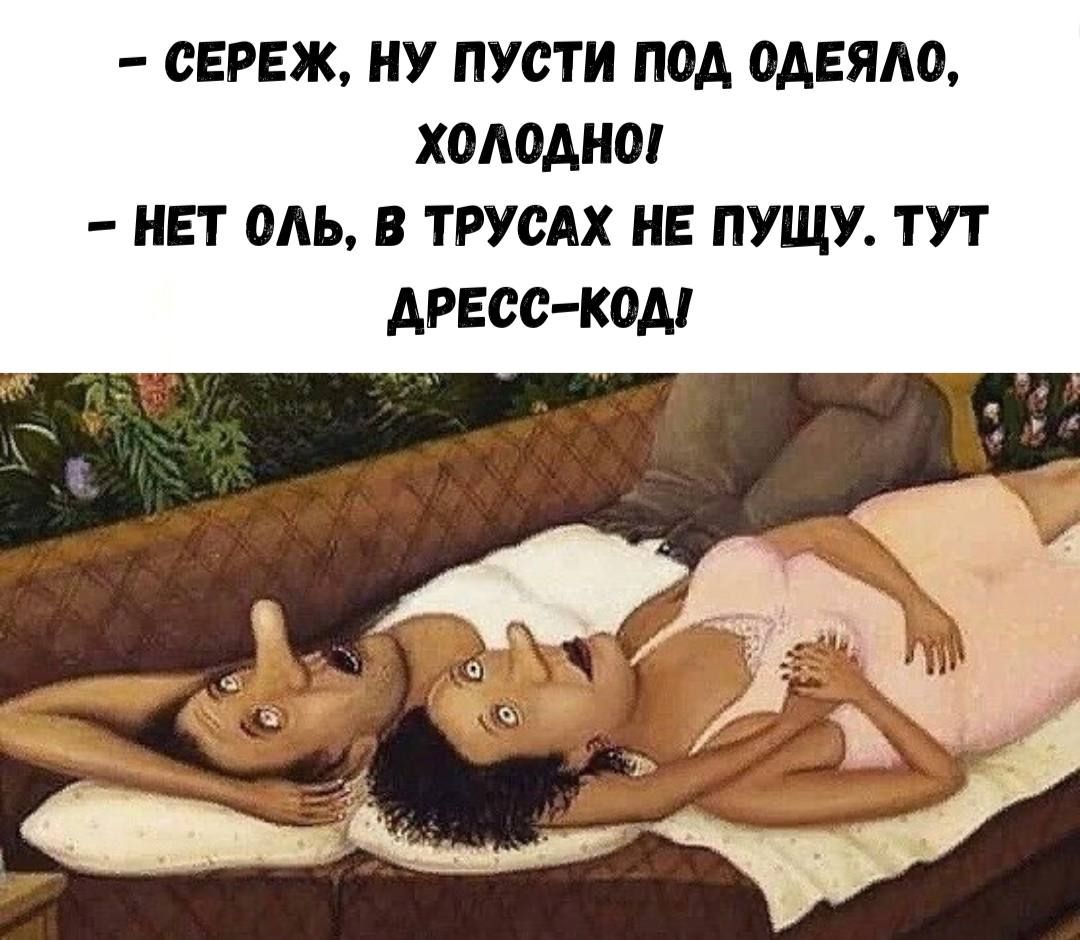 – СЕРЕЖ, НУ ПУСТИ ПОД ОДЕЯЛО, ХОЛОДНОЙ!
– НЕТ ОЛЬ, В ТРУСАХ НЕ ПУЩУ. ТУТ ДРЕСС-КОД!