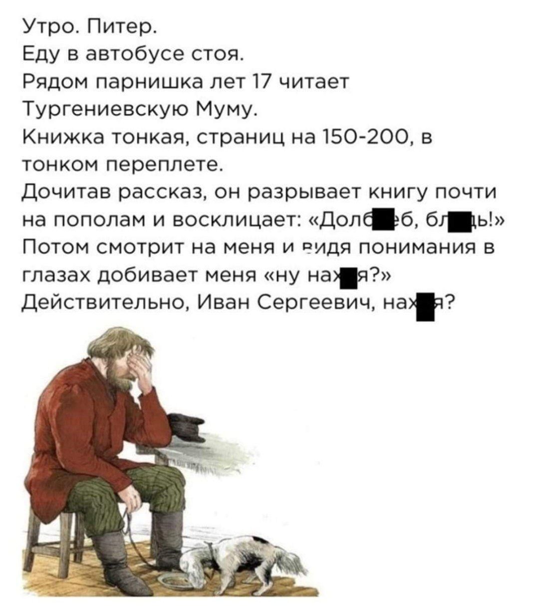Утро. Питер.
Еду в автобусе стоя.
Рядом парнишка лет 17 читает Тургеневскую Муму.
Книжка тонкая, страниц на 150-200, в тонком переплете.
Дочитав рассказ, он разрывает книгу почти на пополам и восклицает: «Долб*б, блин!»
Потом смотрит на меня и, видя понимания в глазах, добивает меня «ну на*я?»
Действительно, Иван Сергеевич, нах*я?