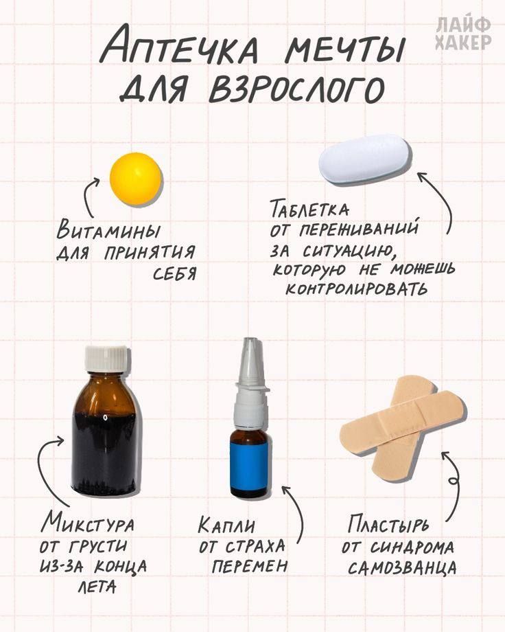 Аптечка мечты для взрослого

Витамины для принятия себя

Таблетка от переживаний за ситуацию, которую не можешь контролировать

Микстура от грусти из-за конца лета

Капли от страха перемен

Пластыри от синдрома самозванца