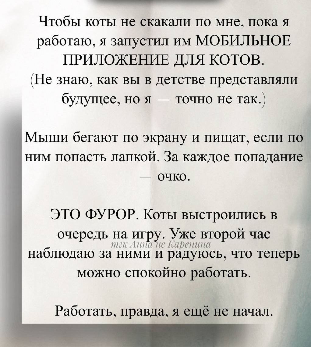 Чтобы коты не скакали по мне, пока я работаю, я запустил им МОБИЛЬНОЕ ПРИЛОЖЕНИЕ ДЛЯ КОТОВ. (Не знаю, как вы в детстве представляли будущее, но я — точно не так.) Мыши бегают по экрану и пищат, если по ним попасть лапкой. За каждое попадание — óчко. ЭТО ФУРОР. Коты выстроились в очередь на игру. Уже второй час наблюдаю за ними и радуюсь, что теперь можно спокойно работать. Работать, правда, я ещё не начал.