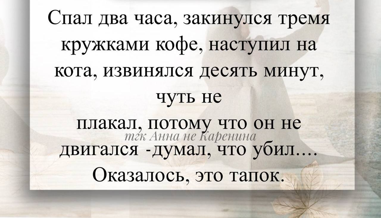Спал два часа, закинувшись тремя кружками кофе, наступил на кота, извинялся десять минут, чуть не плакал, потому что он не двигался - думал, что убил.... Оказалось, это тапок.