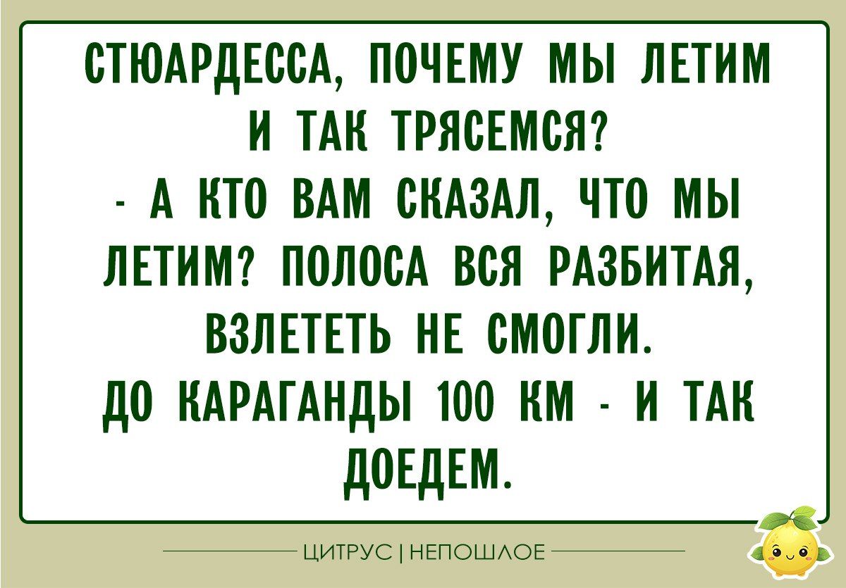 Стюардесса, почему мы летим и так трясемся? - А кто вам сказал, что мы летим? Полоса вся разбитая, взлететь не смогли. До Караганды 100 км - и так доедем.