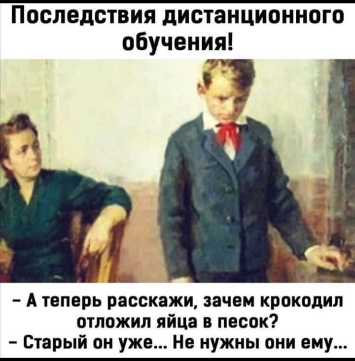 Последствия дистанционного обучения!
- А теперь расскажи, зачем крокодил отложил яйца в песок?
- Старый он уже... Не нужны они ему...