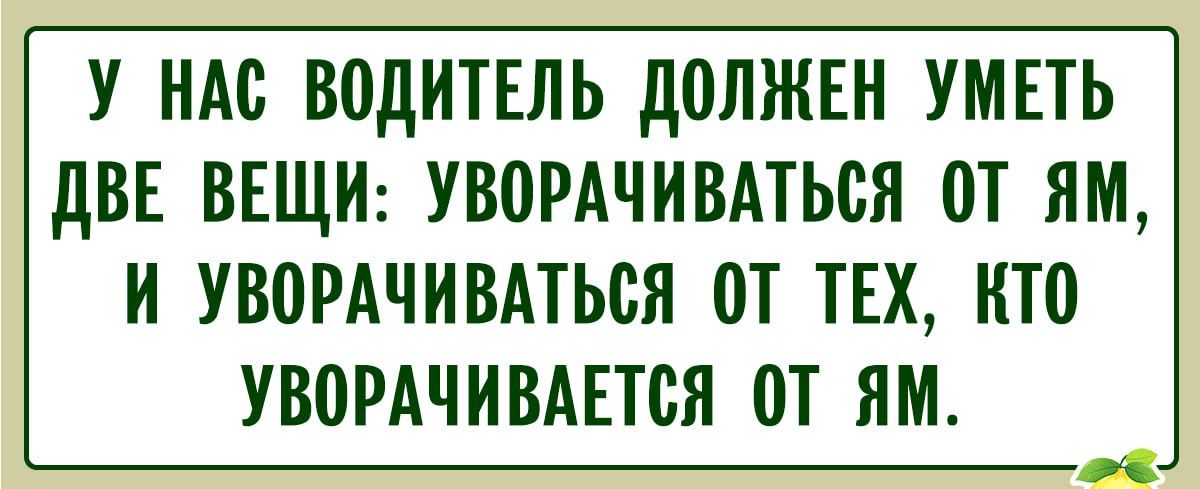 У нас водитель должен уметь две вещи: уворачиваться от ям, и уворачиваться от тех, кто уворачивается от ям.