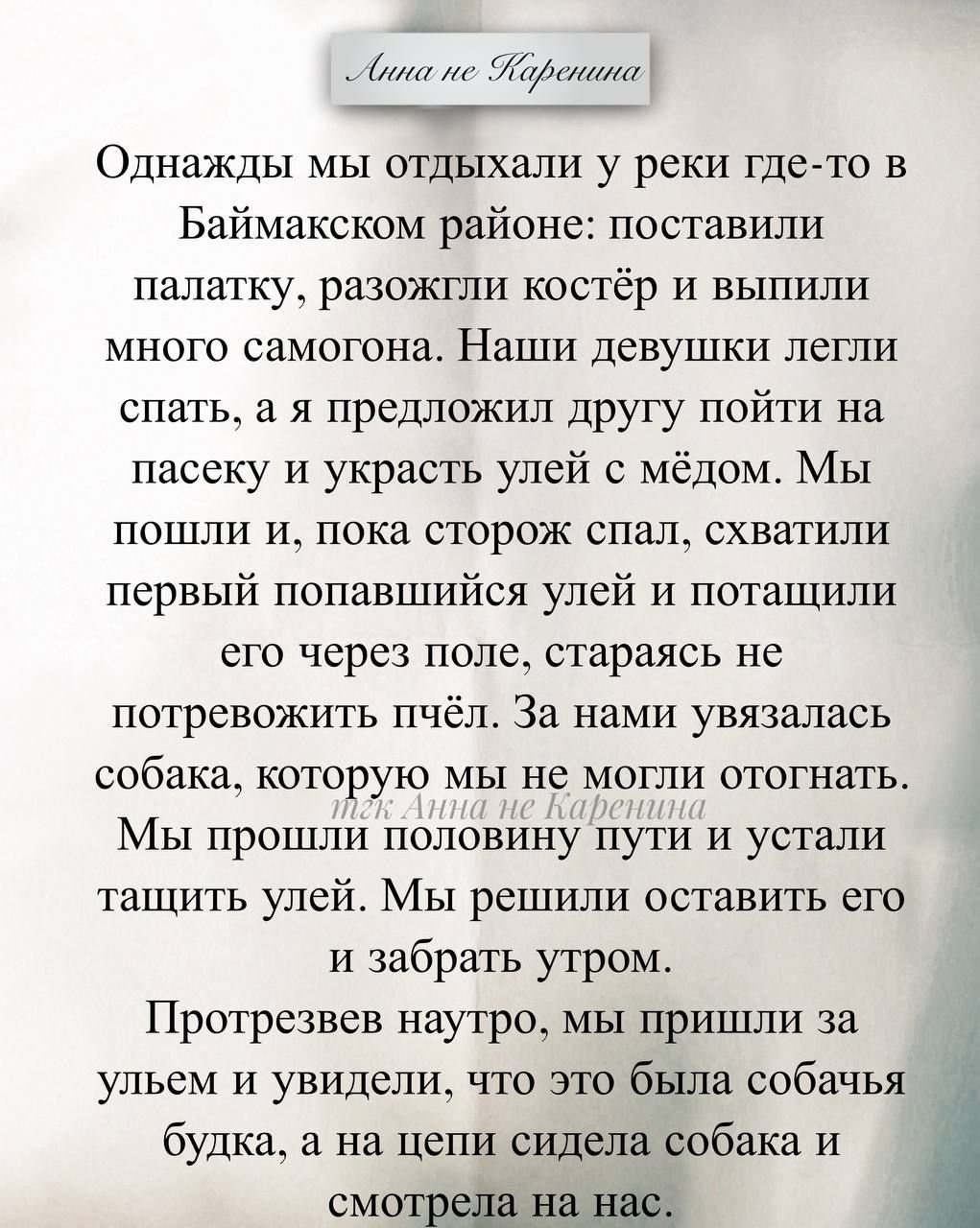 Однажды мы отдыхали у реки где-то в Баймакском районе: поставили палатку, разожгли костёр и выпили много самогона. Наши девушки легли спать, а я предложил другу пойти на пасеку и украсть улей с мёдом. Мы пошли и, пока сторож спал, схватили первый попавшийся улей и потащили его через поле, стараясь не потревожить пчёл. За нами уязвалась собака, которую мы не могли отогнать. Мы прошли полдороги и устали тащить улей. Мы решили оставить его и забрать утром. Протянув натяну, мы пришли за улей в момент, когда была собака будка, а на ней сидела собака и смотрела на нас.