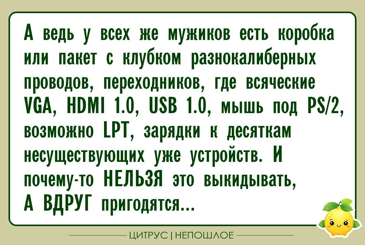 А ведь у всех же мужиков есть коробка или пакет с клубком разнокалиберных проводов, переходников, где всяческие VGA, HDMI 1.0, USB 1.0, мышь под PS/2, возможно LPT, зарядки к десяткам несуществующих уже устройств. И почему-то НЕЛЬЗЯ это выкидывать, А ВДРУГ пригодятся...