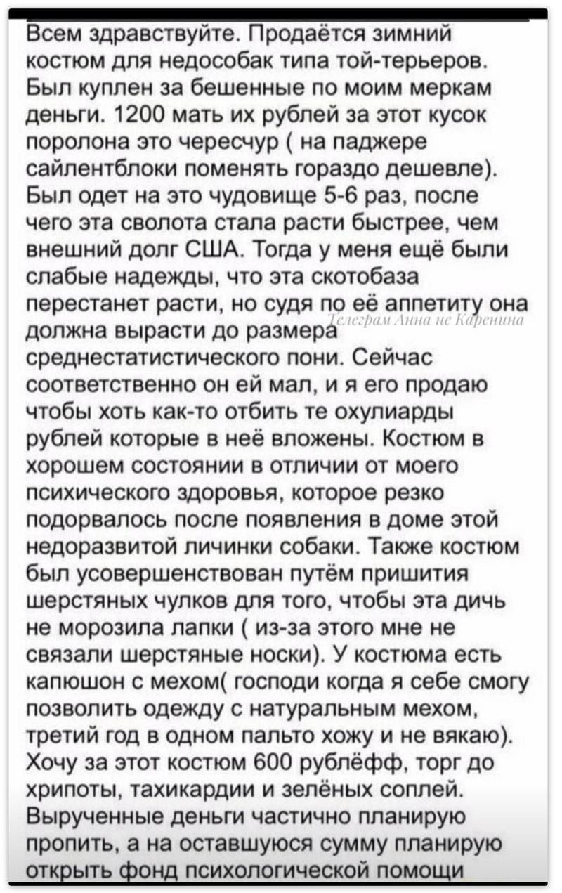 Всем здравствуйте. Продаётся зимний костюм для недособак типа той-терьеров. Был куплен за бешенные по моим меркам деньги. 1200 мат их рублей за этот кусок поролона это чересчур (на поджер саилентблоки поменять гораздо дешевле).
Был одет на это чудовищу 5-6 раз, после чего эта сволота стала расти быстрее, чем внешний долг США. Тогда у меня ещё были слабые надежды, что эта скотобаза перестанет расти, но судя по её аппетиту она должна вырасти до размера среднестатистического пони. Сейчас соответственно он ей мал, и я его продал чтобы хоть как-то отбить те ухулиарды рублей которые в неё вложены. Костюм в хорошем состоянии в отличие от моего психологического здоровья, которое безподобилось после появления в доме этой недоразвитой личинки собаки. Также костюм был усовершенствован тюнингом импретирующими штучками для того, чтобы эта дичь не запала лапкой (из-за этого не связаны шершащие носки). Костюм есть сущность на меховой (посл ничего как себе позволить охоту к натуральным мехам, о чем не играю). Хочу бизнес-план 600 рублей, торг уместен, торговать с зелёным слоем.