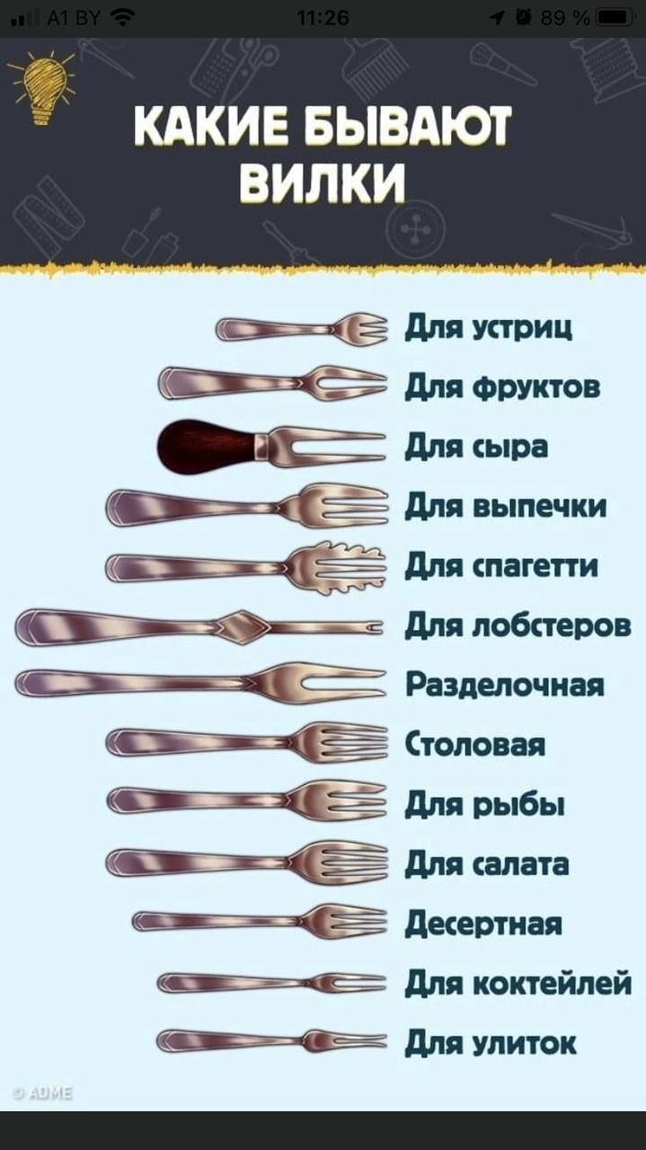 КАКИЕ БЫВАЮТ ВИЛКИ

Для устриц
Для фруктов
Для сыра
Для выпечки
Для спагетти
Для лобстеров
Разделочная
Столовая
Для рыбы
Для салата
Десертная
Для коктейлей
Для улиток