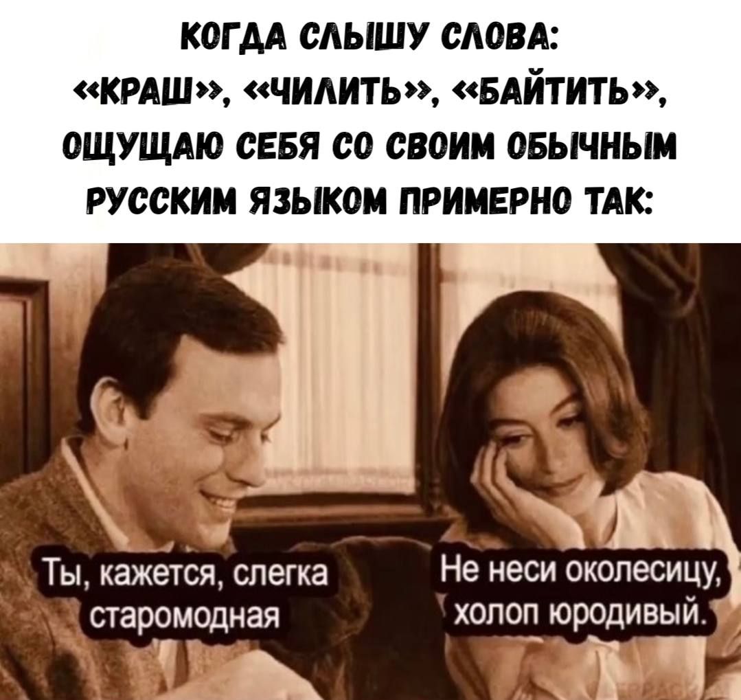 КОЛГДА СЛЫШУ СЛОВА: «КРАШ», «ЧИЛИТЬ», «БАЙТИТЬ», ОЩУЩАЮ СЕБЯ СО СВОИМ ОБЫЧНЫМ РУССКИМ ЯЗЫКОМ ПРИМЕРНО ТАК: Ты, кажешься, слегка старомодная. Не неси околесицу, холон юродывый.