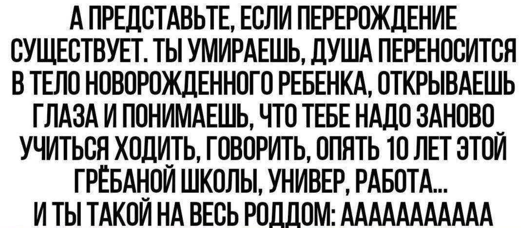 А ПРЕДСТАВЬТЕ, ЕСЛИ ПЕРЕРОЖДЕНИЕ СУЩЕСТВУЕТ. ТЫ УМИРАЕШЬ, ДУША ПЕРЕНОСИТСЯ В ТЕЛО НОВОРОЖДЕННОГО РЕБЕНКА, ОТКРЫВАЕШЬ ГЛАЗА И ПОНИМАЕШЬ, ЧТО ТЕБЕ НУЖНО ЗАНОВО УЧИТЬСЯ ХОДИТЬ, ГОВОРИТЬ, ОПЯТЬ 10 ЛЕТ ЭТОЙ ГРЕБАНОЙ ШКОЛЫ, УНИВЕР, РАБОТА… И ТЫ ТАКОЙ НА ВЕСЬ РОДДОМ: АААААААААА