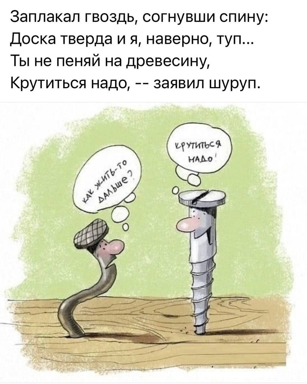 Заплакал гвоздь, согнувши спину: Доска тверда и я, наверно, туп... Ты не пеняй на древесину, Крутиться надо, -- заявил шуруп.