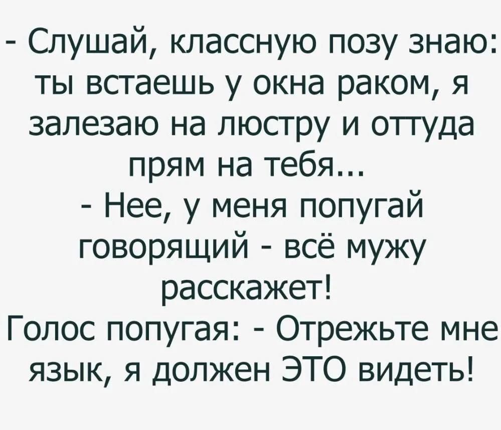 - Слушай, классную позу знаю: ты встаешь у окна раком, я залезаю на люстру и отсюда прям на тебя... - Нее, у меня попугай говорящий - всё мужу расскажет! Голос попугая: - Отрежьте мне язык, я должен ЭТО видеть!