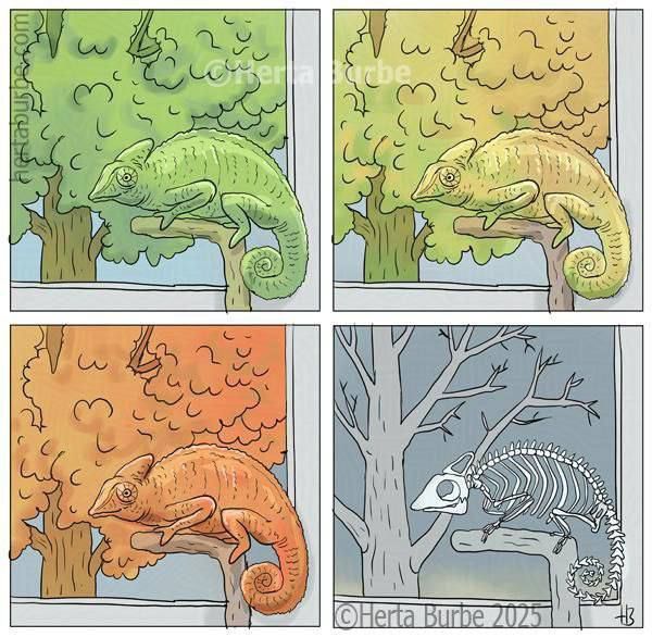 Комикс из четырех панелей с хамелеоном на ветке дерева, меняющим окраску, и последней панелью с костяной скелетной моделью животного возле дерева.