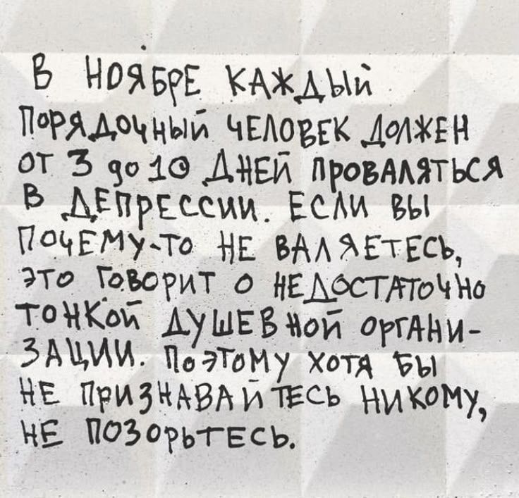 В Ноябре каждый порядочный человек должен от 3 до 10 дней проваляться в депрессии. Если вы почему-то не валяетесь, это говорит о недостаточно тонкой душевной организации. Поэтому хотя бы не признайвайтесь никому, не позорьтесь.