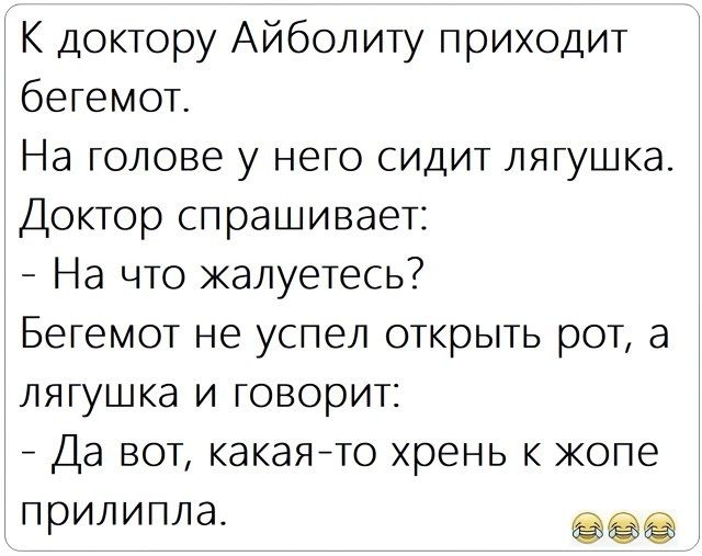 К доктору Айболиту приходит бегемот. На голове у него сидит лягушка. Доктор спрашивает: - На что жалуетесь? Бегемот не успел открыть рот, а лягушка и говорит: - Да вот, какая-то хрен к жопе приплипла.