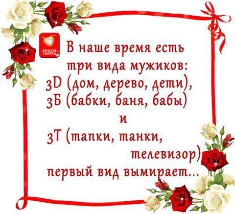 В наше время есть три вида мужиков: 3Д (дом, дерево, дети), 3Б (бабки, баня, бабЫ) и 3Т (тапки, танки, телевизор) первый вид вымирает...