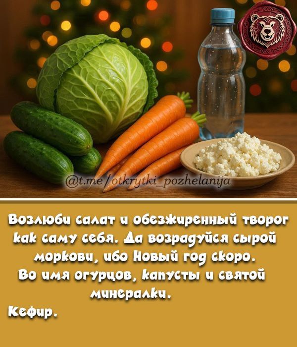 Возлюби салат и обезжиренный творог как саму себя. Да возрадуйся сырой моркови, чтоб Новый год скоро. Во имя огурцов, капусты и святой минераалки. Кефир.