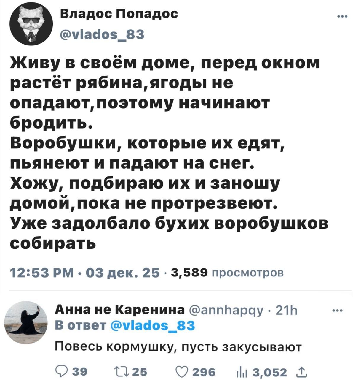 Живу в своём доме, перед окном растёт рябина, ягоды не опадают, поэтому начинают бродить. Воробушки, которые их едят, пьянеют и падают на снег. Хожу, подбираю их и заношу домой, пока не протрезвеют. Уже задолбало буйых воробушков собирать