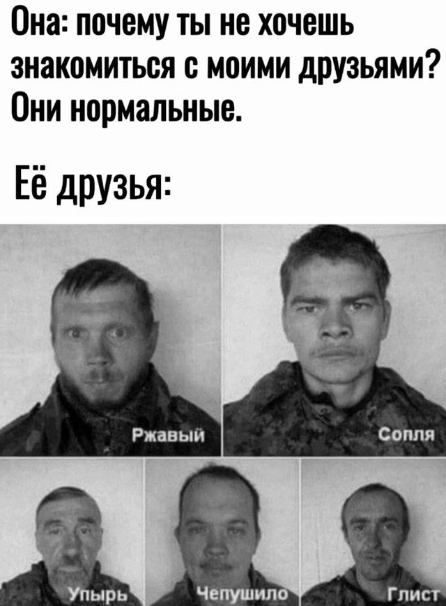 Она: почему ты не хочешь знакомиться с моими друзьями? Они нормальные. Её друзья:
Ржавый	Сопля	Упырь	Чепушило	Глист